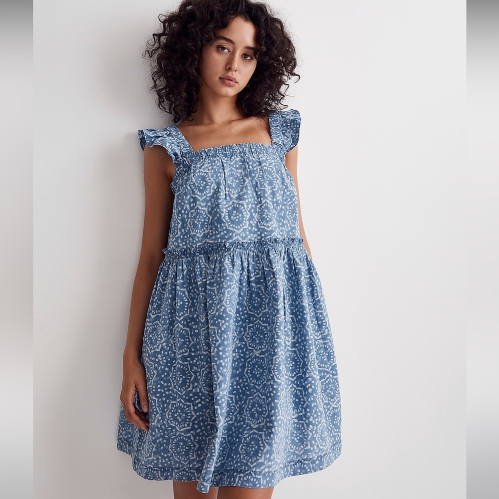 Madewell Flutter Sleeve Ruffle Mini Dress In Flora Medallion